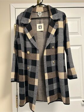 Anne Klein Black Beige & Gray Checked Knit Cardigan Size S